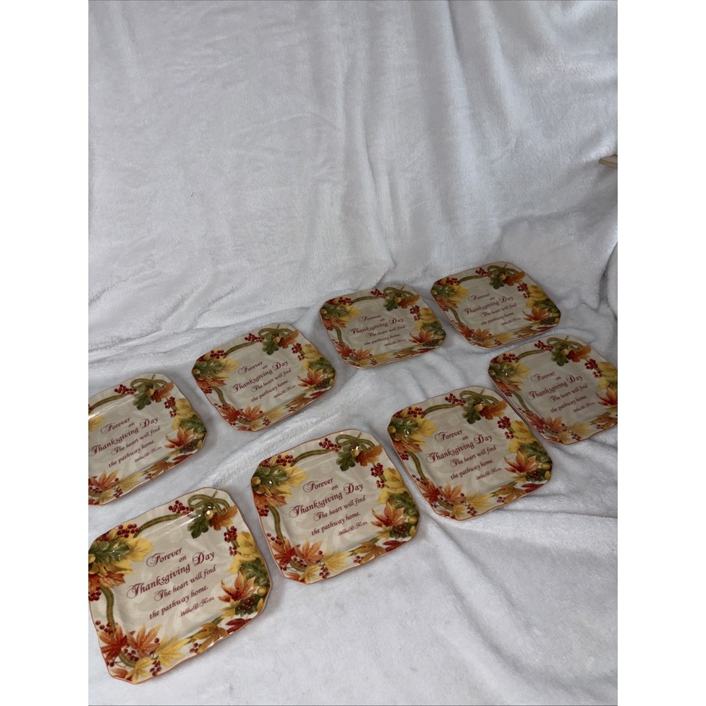 222 Fifth AUTUMN CELEBRATION Forever Square Appetizer Plate Set 8 Thanksgiving